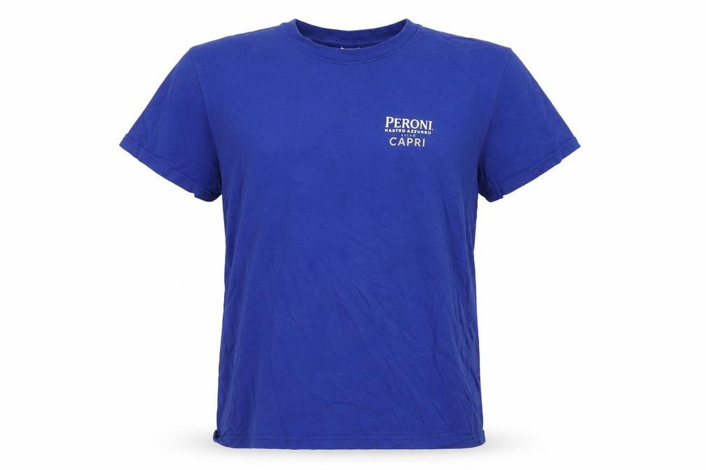 Front view of Peroni Blue unisex adults l basic cotton short sleeve t-shirt