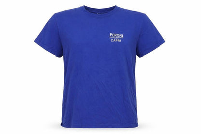 Front view of Peroni Blue unisex adults l basic cotton short sleeve t-shirt