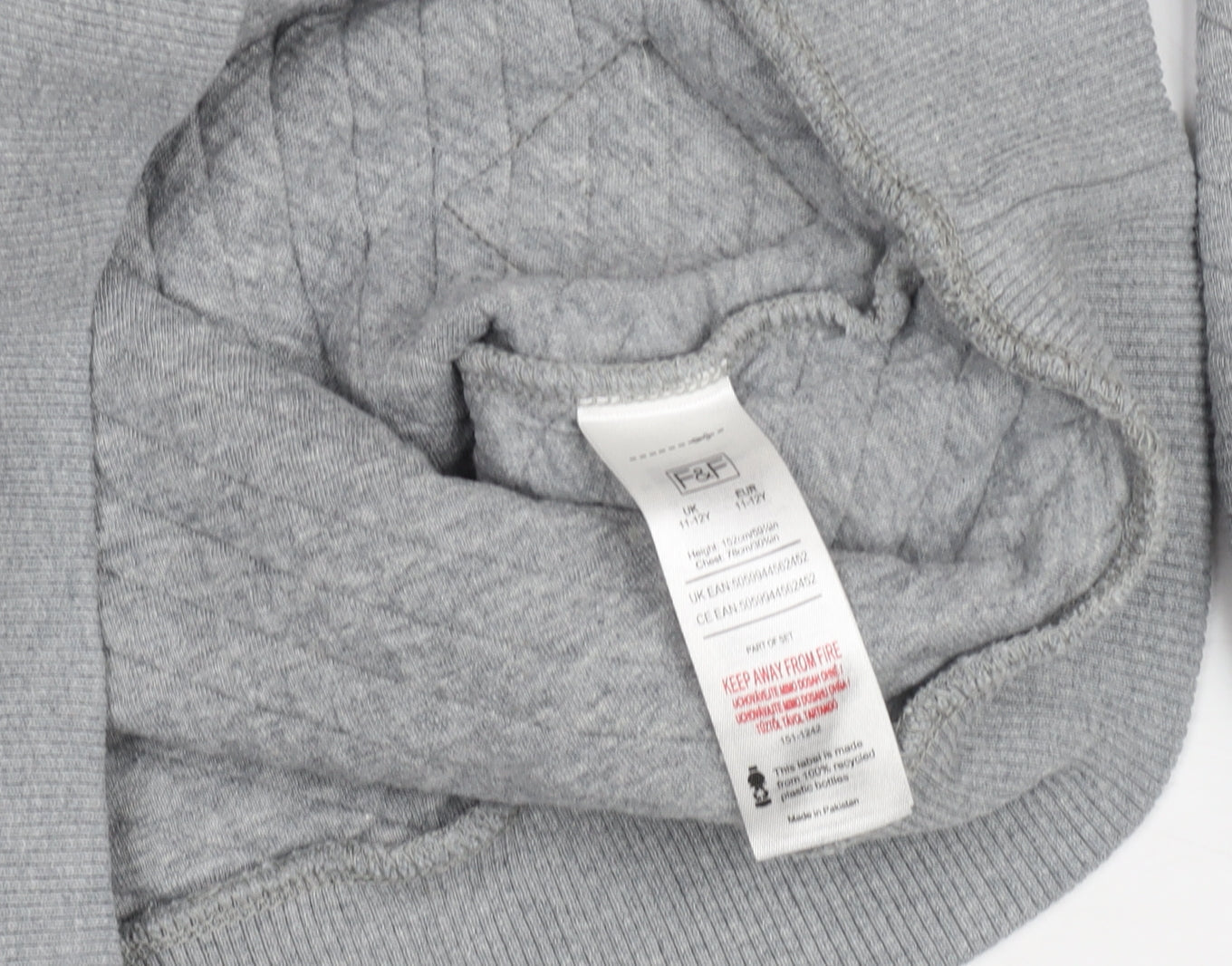 F&F Boys Grey Quilted Crew Neck Pullover Sweatshirt 11-12 Years