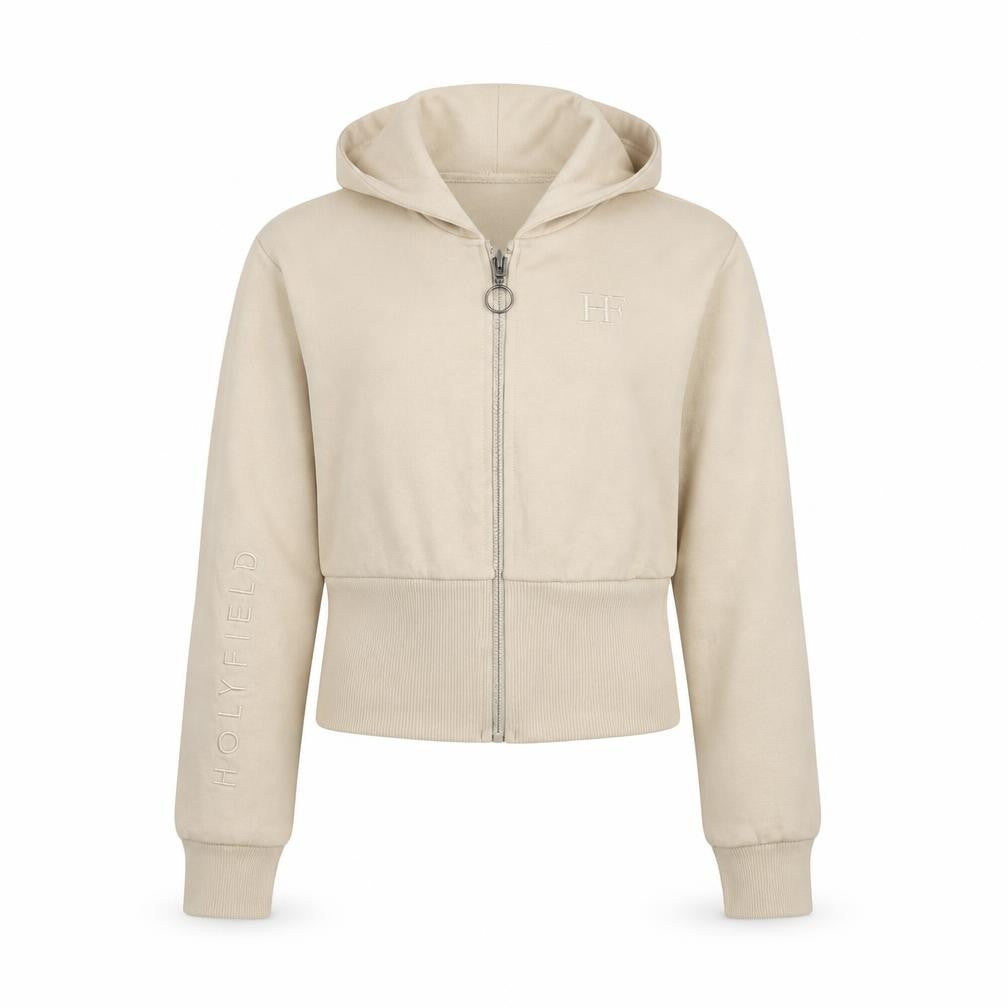 Front view of Holyfield girls’ beige full zip hoodie sweatshirt 10-12 years