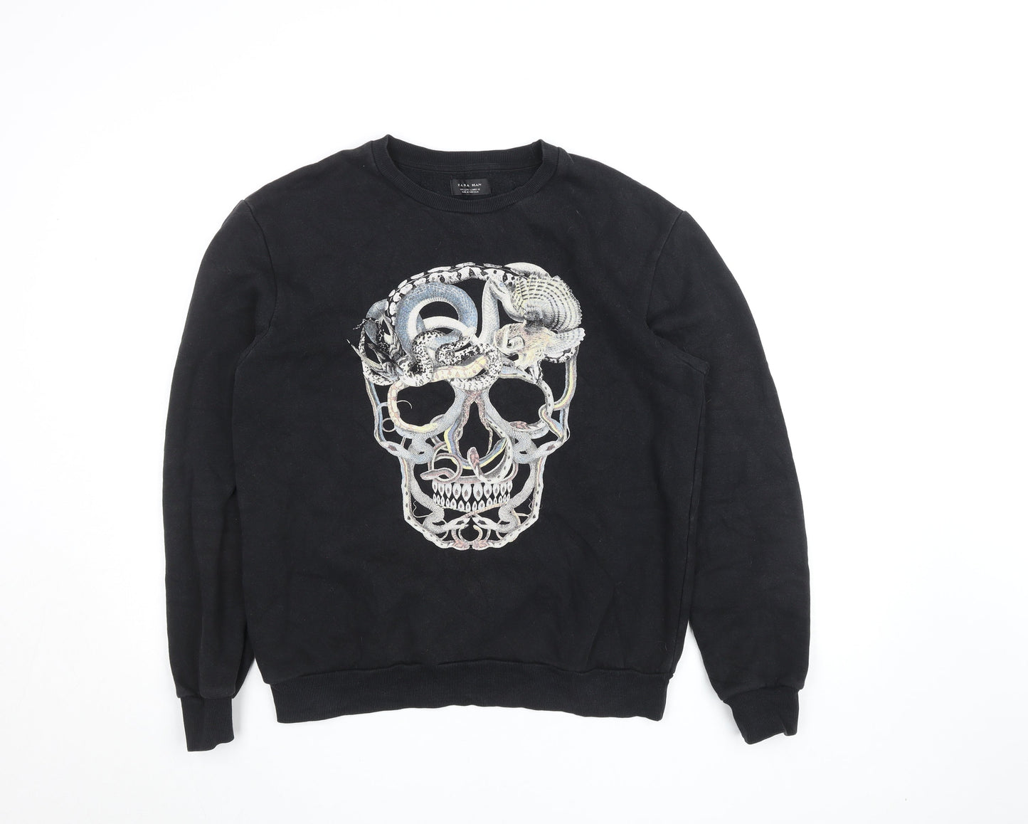 Zara Man Black Skull Graphic Sweatshirt Men’s L Pullover Crew Neck