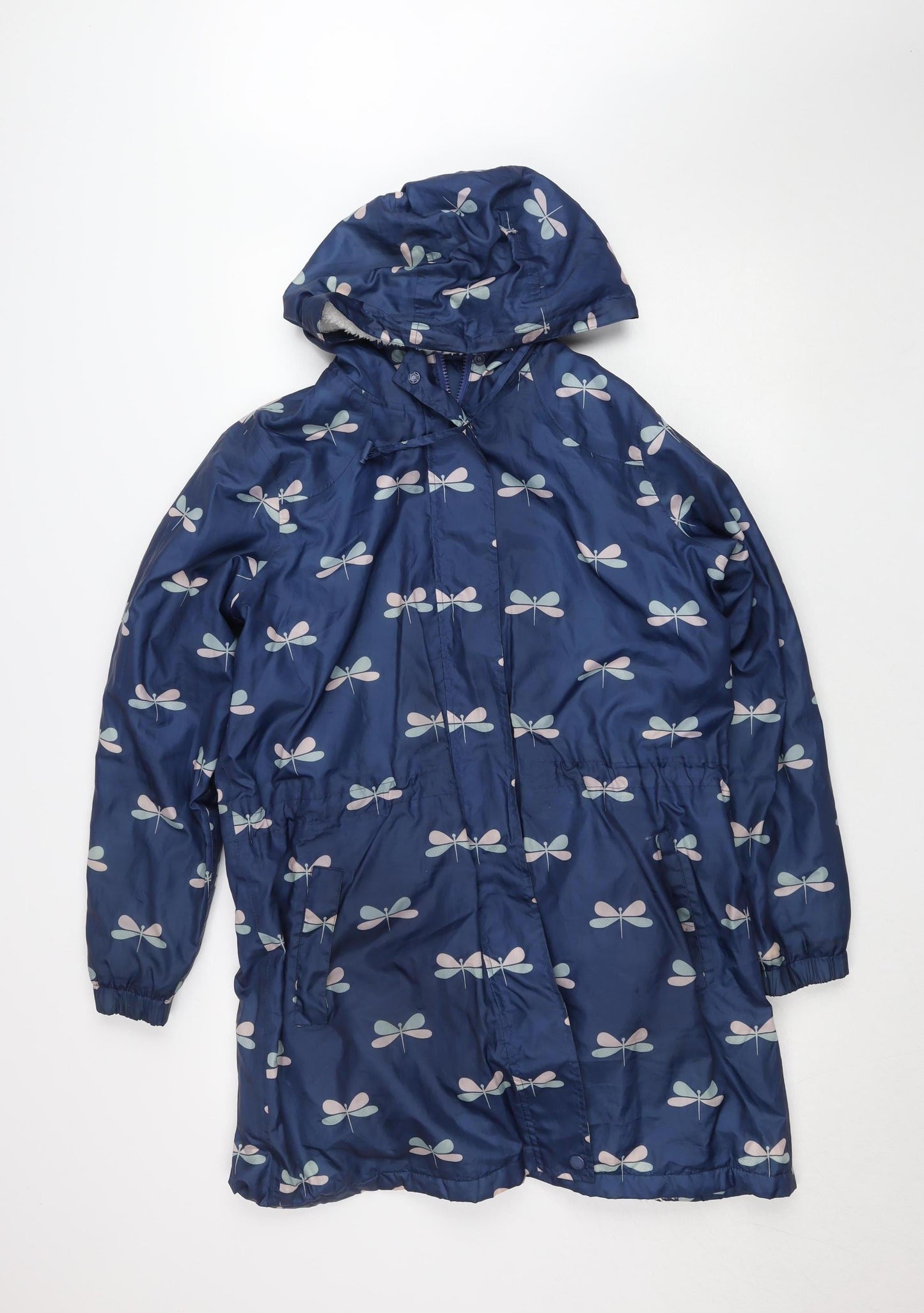 Cotton Traders Women’s Blue Hooded Floral Rain Coat Size 12 Lined Waterproof