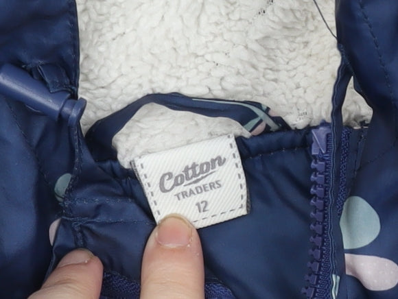 Cotton Traders Women’s Blue Hooded Floral Rain Coat Size 12 Lined Waterproof