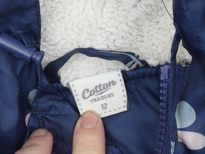 Cotton Traders Women’s Blue Hooded Floral Rain Coat Size 12 Lined Waterproof