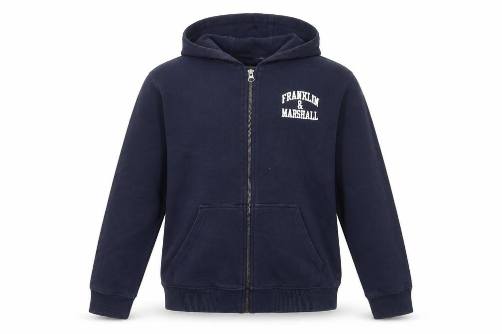Front view of Franklin & Marshall boys’ blue full zip hoodie 12-13 years