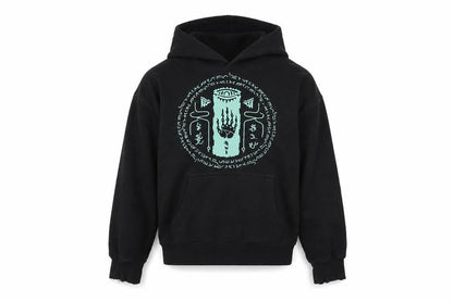 Front view of Club Classic boys’ black pullover hoodie 5-6 years graphic fleece sweatshirt