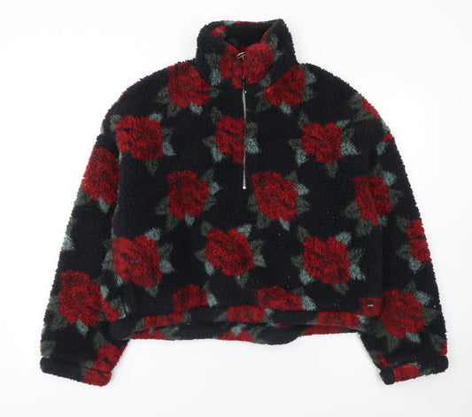 Hollister Women Black Red Floral Fleece 1/4 Zip Pullover L