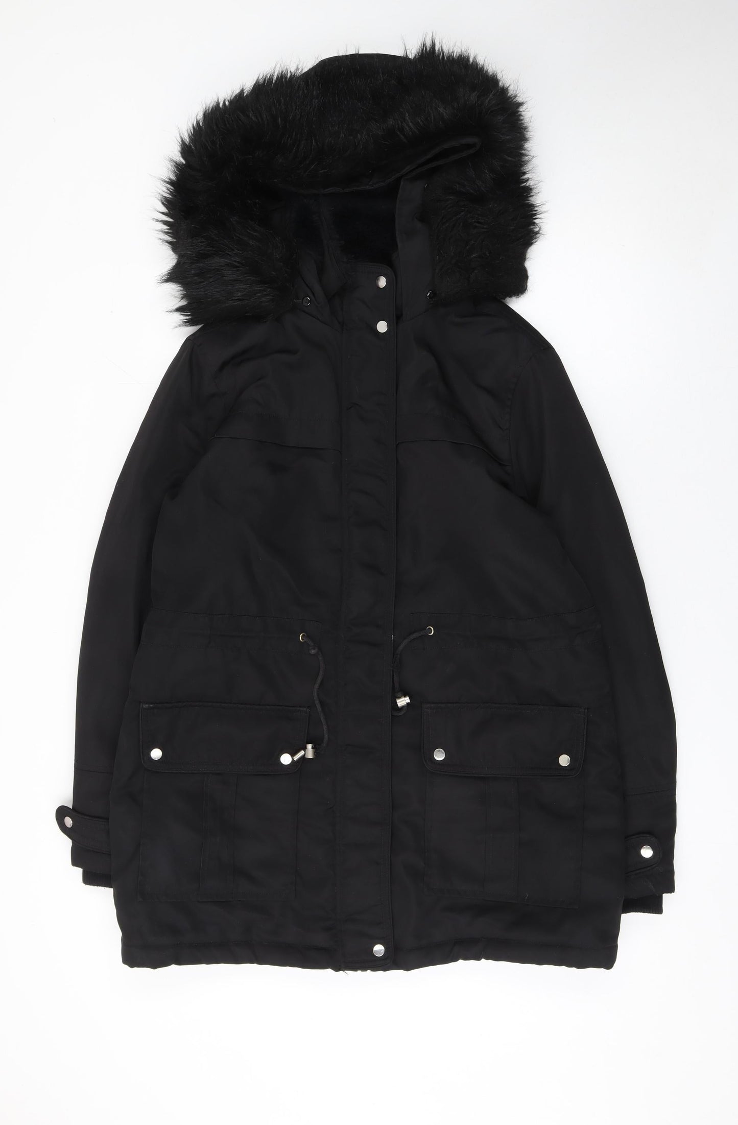 New Look Women's Black Parka Coat Size 12 Hooded Faux Fur Winter Jacket