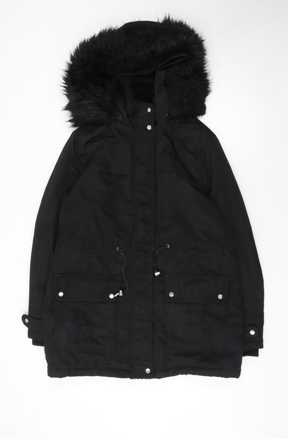 New Look Women's Black Parka Coat Size 12 Hooded Faux Fur Winter Jacket