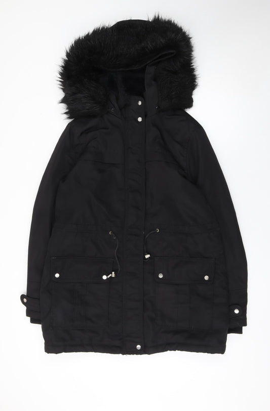 New Look Women's Black Parka Coat Size 12 Hooded Faux Fur Winter Jacket