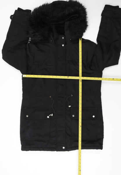 New Look Women's Black Parka Coat Size 12 Hooded Faux Fur Winter Jacket