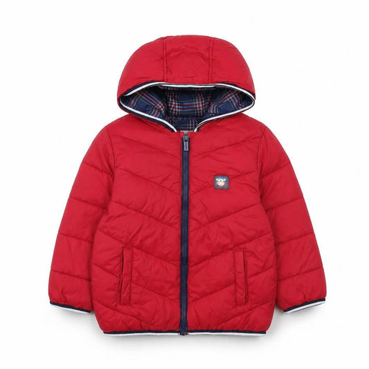 Front view of Mayoral unisex baby red puffer jacket 18-24 months hooded quilted coat