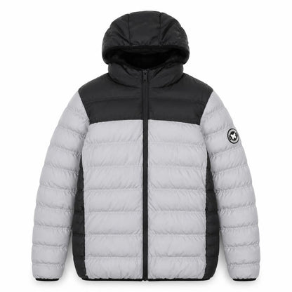 Front view of GOODFORNOTHING boys’ grey colourblock hooded puffer jacket 13-15 years