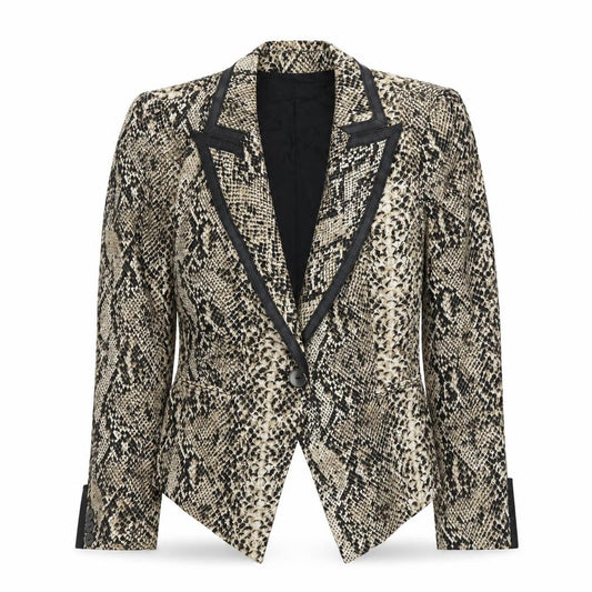 Front view of Zara Woman Beige Snake Print Blazer Jacket Small Single-Breasted