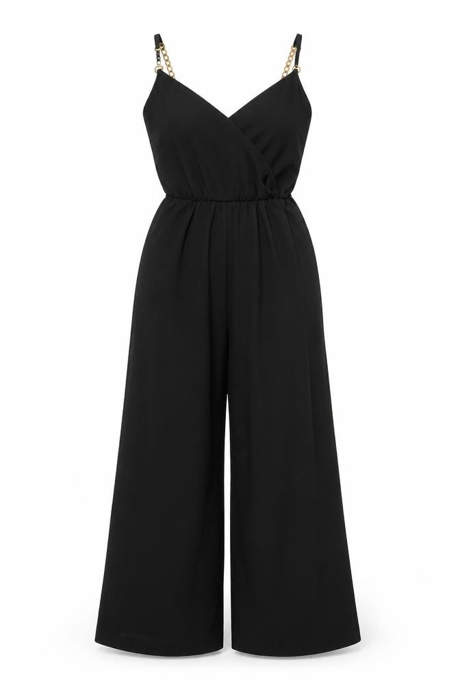 Dunnes Women's Black Small Wide-Leg Jumpsuit with Gold Chain Straps