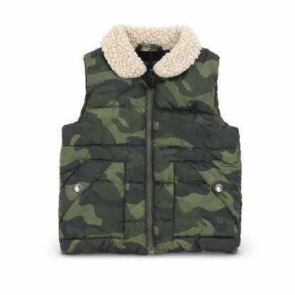 Front view of Next unisex baby green camouflage puffer waistcoat 12-18 months