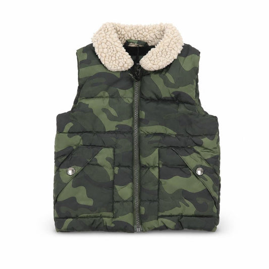 Front view of Next unisex baby green camouflage puffer waistcoat 12-18 months