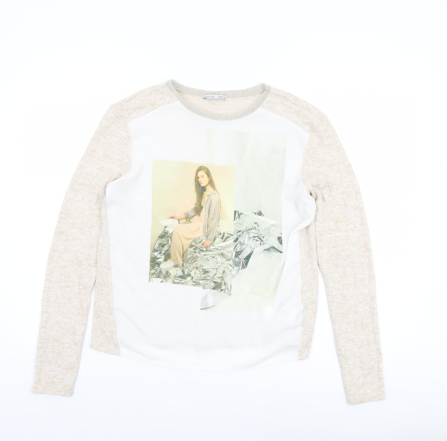 Womens UK Size S Zara Beige Jersey T-Shirt