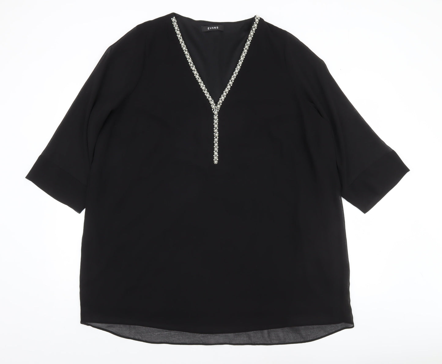 Evans Womens Black Tunic Blouse Size 22 Beaded V-Neck 3/4 Sleeve
