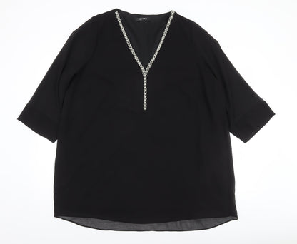 Evans Womens Black Tunic Blouse Size 22 Beaded V-Neck 3/4 Sleeve
