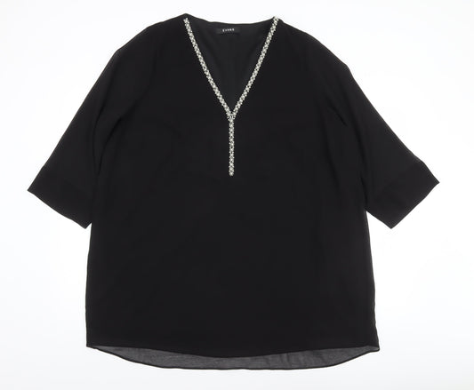 Evans Womens Black Tunic Blouse Size 22 Beaded V-Neck 3/4 Sleeve