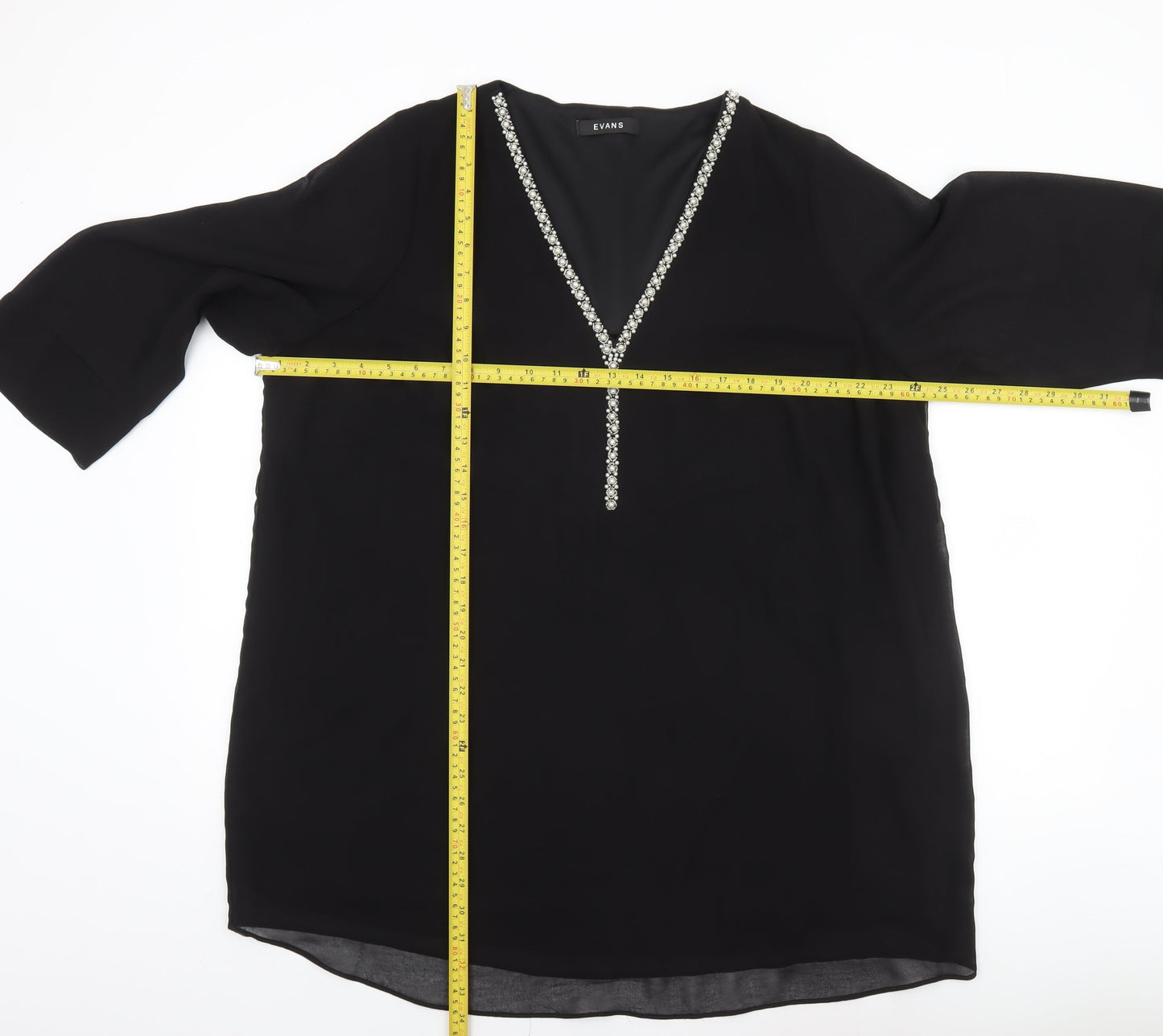 Evans Womens Black Tunic Blouse Size 22 Beaded V-Neck 3/4 Sleeve