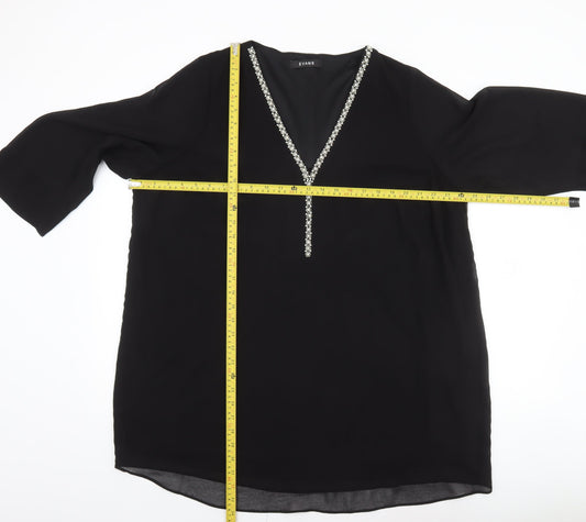 Evans Womens Black Tunic Blouse Size 22 Beaded V-Neck 3/4 Sleeve