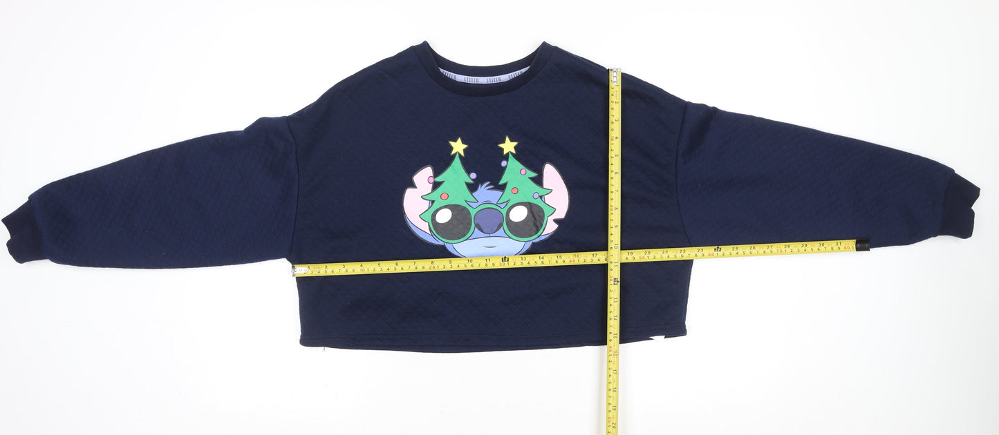 Disney Stitch Navy Christmas Crop Sweatshirt Womens M 12-14 Primark