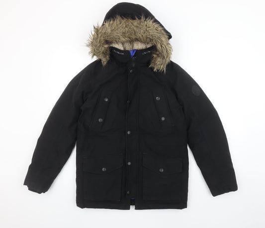 Jack & Jones Boys Black Parka Coat 152cm Hooded Faux Fur Trim Winter Jacket