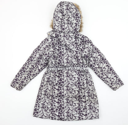 Feraud Girls Purple Floral Puffer Coat 6-7 Years Hooded Faux Fur Winter Jacket