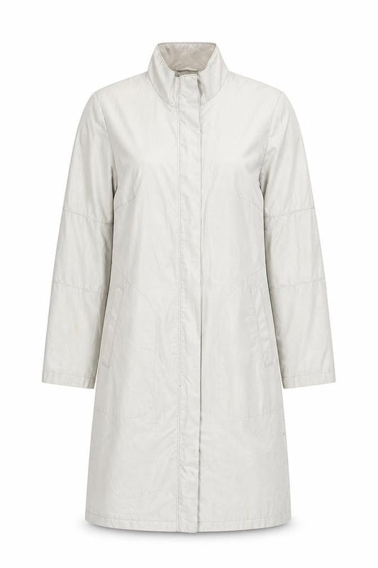 Front view of Nuage Women Ivory Long Rain Coat, size 12, Cotton Blend Water Resistant