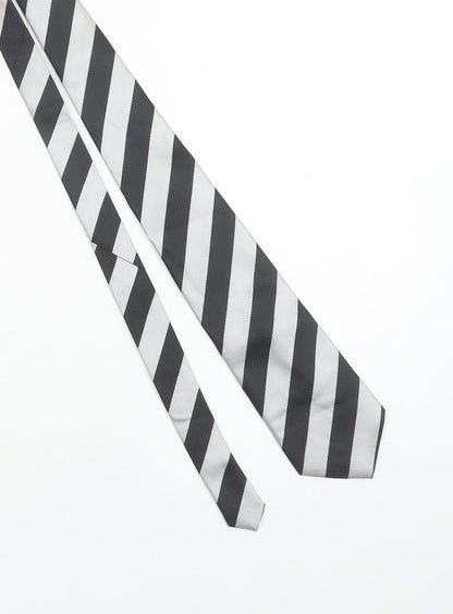 Hugo Boss Men Black and Silver Striped Silk Slim Tie Handmade One Size