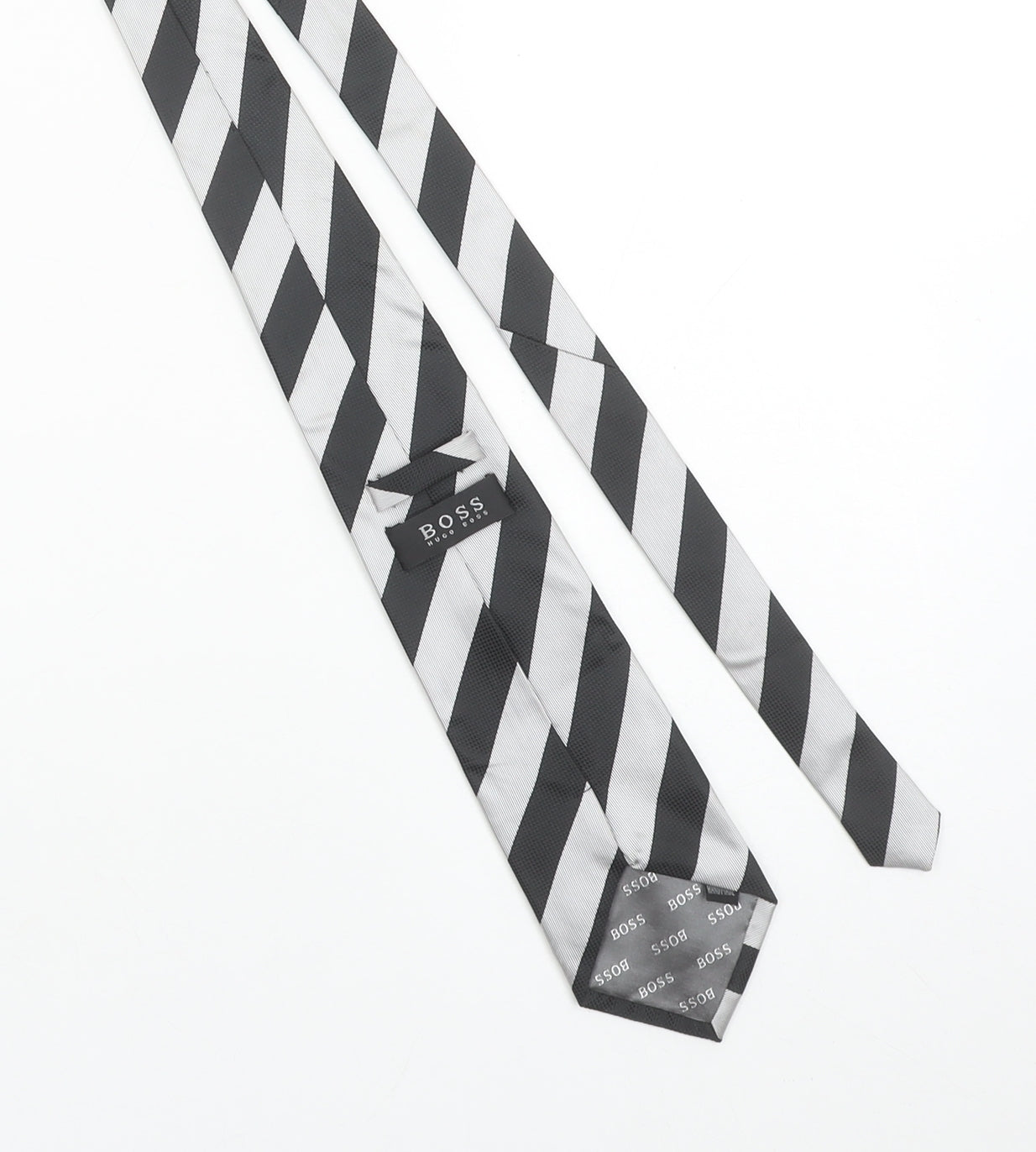 Hugo Boss Men Black and Silver Striped Silk Slim Tie Handmade One Size