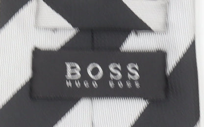 Hugo Boss Men Black and Silver Striped Silk Slim Tie Handmade One Size
