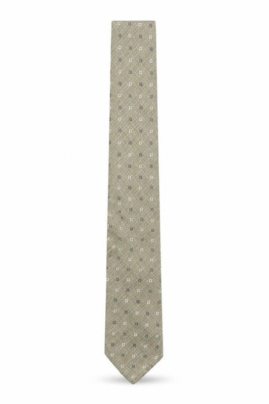 Front view of Jaeger Men's Beige Geometric Pattern 100% Silk Tie Made in Italy