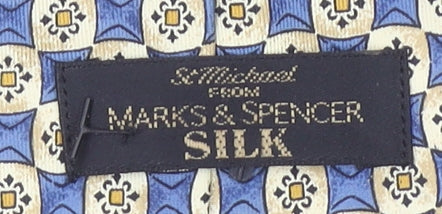 Marks and Spencer Men’s Beige Blue Geometric 100% Silk Tie