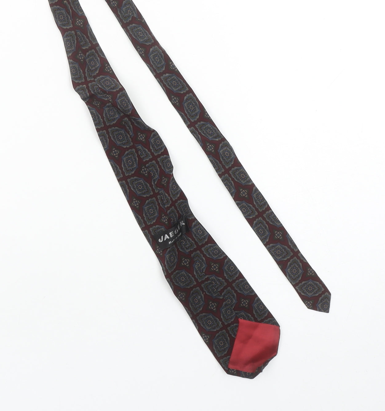 Mens Jaeger Red Geometric 100% Silk Slim Tie
