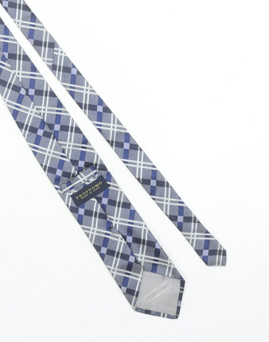 Profuomo Men's Blue Grey Plaid Silk Tie Made in Italy