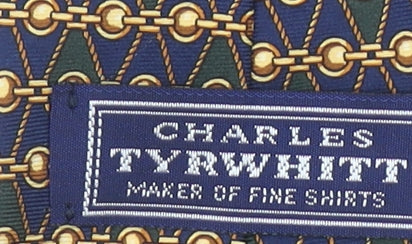 Charles Tyrwhitt Men's Blue and Gold Patterned Silk Tie Made in England