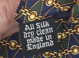 Charles Tyrwhitt Men's Blue and Gold Patterned Silk Tie Made in England