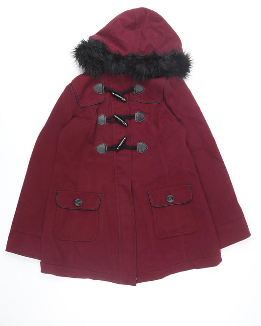 New Look Maternity Burgundy Duffle Coat UK 12 Hooded Fur Trim Women's Winter Jacket