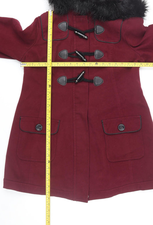 New Look Maternity Burgundy Duffle Coat UK 12 Hooded Fur Trim Women's Winter Jacket