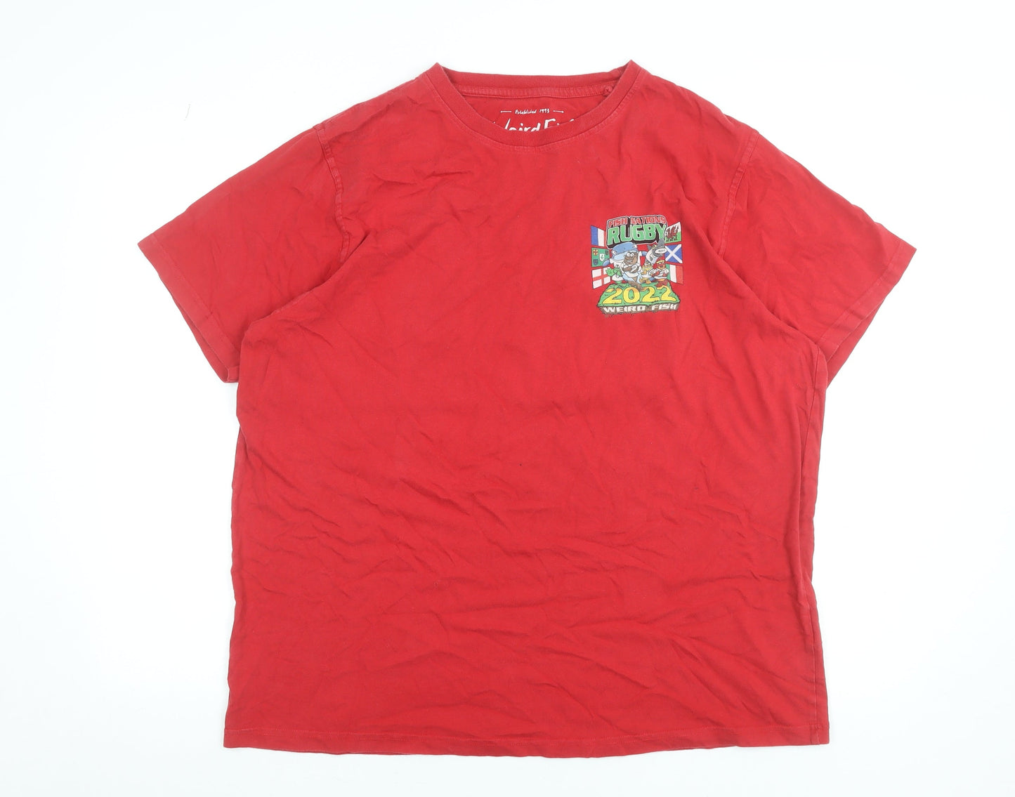Weird Fish Men's Red Rugby 2022 Graphic Print XL Cotton T-Shirt