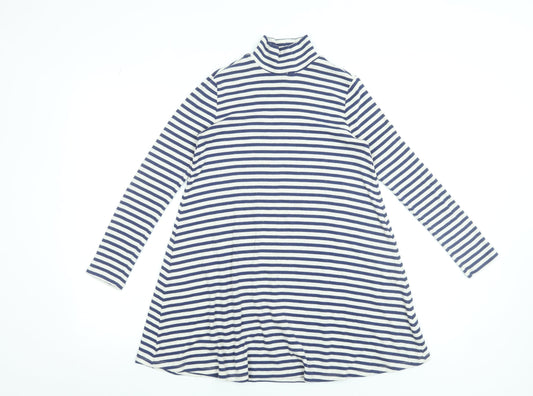 Gap Teens Blue White Striped A-Line Jersey Dress Long Sleeve Roll Neck 10-12