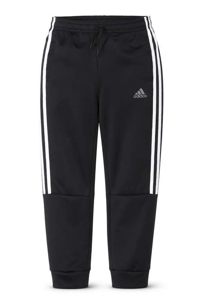 Front view of adidas boys’ black 11-12 years tapered track pants recycled polyester