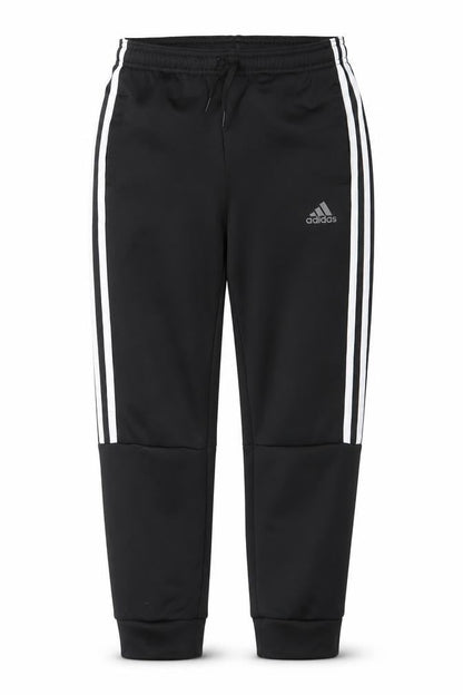 Front view of adidas boys’ black 11-12 years tapered track pants recycled polyester