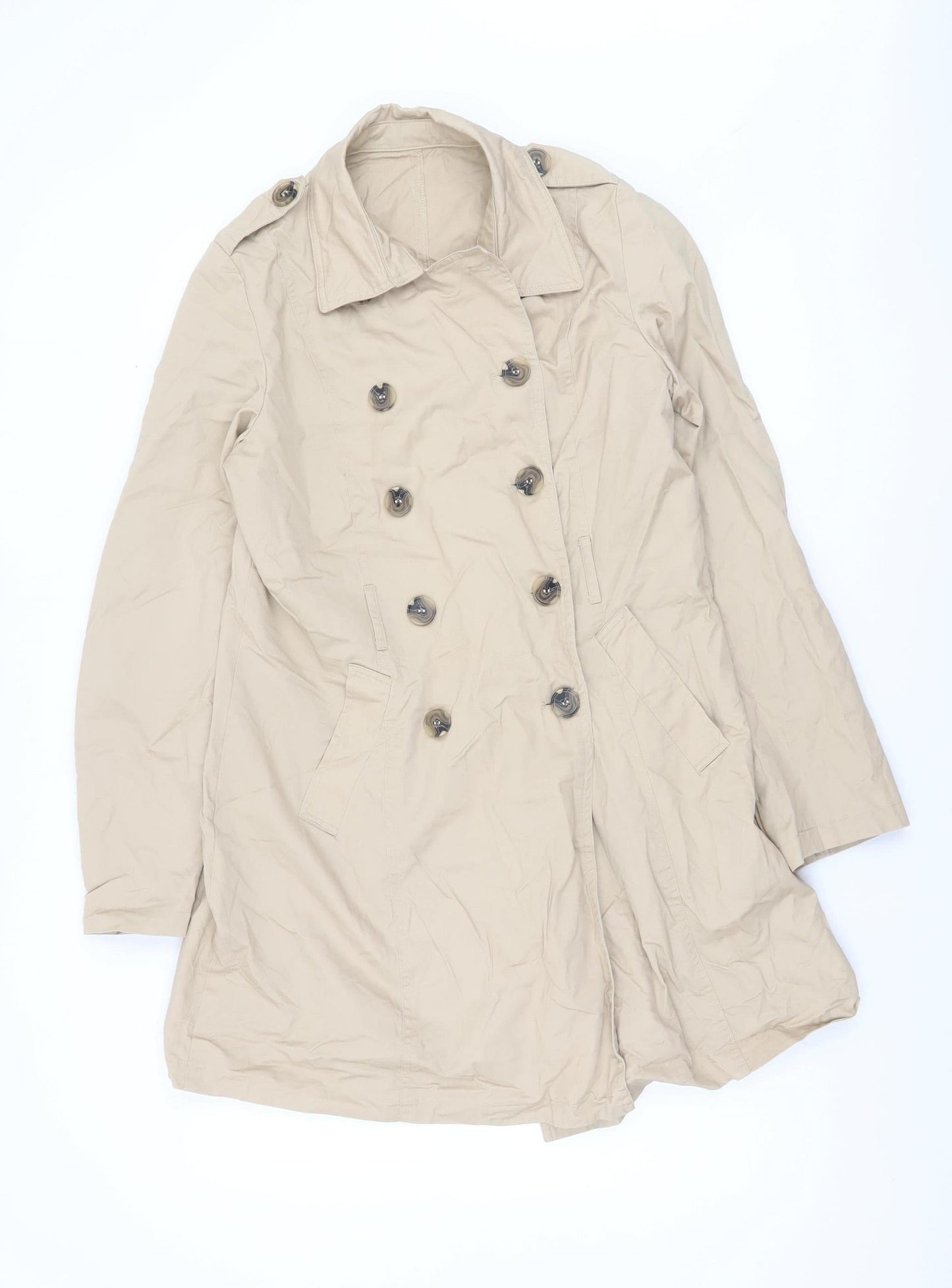 Avon Women's Beige Cotton Trench Coat Size 12 Classic Button Up