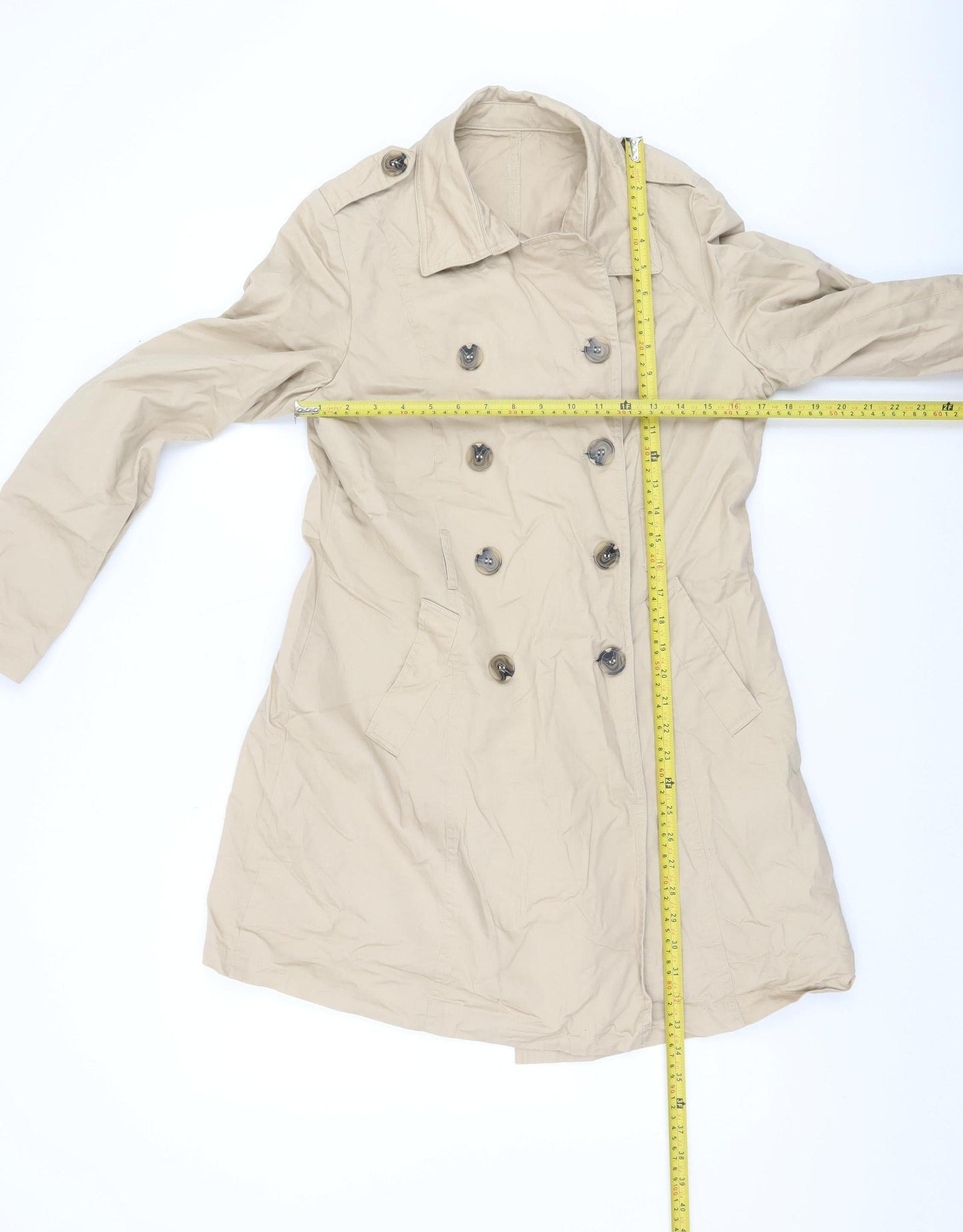 Avon Women's Beige Cotton Trench Coat Size 12 Classic Button Up