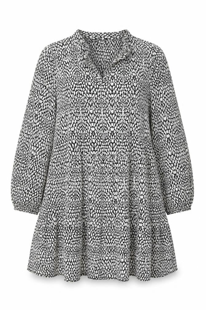 Front view of Dunnes Women’s Black Animal Print A-Line Long Sleeve Dress, size XL