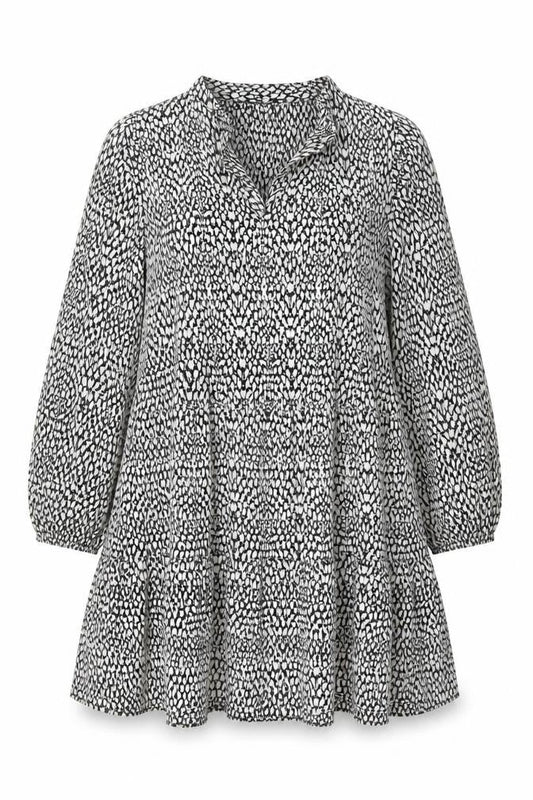 Front view of Dunnes Women’s Black Animal Print A-Line Long Sleeve Dress, size XL